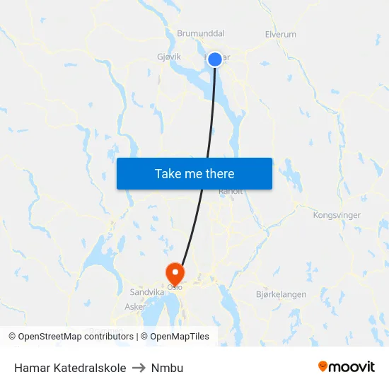 Hamar Katedralskole to Nmbu map