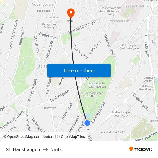 St. Hanshaugen to Nmbu map