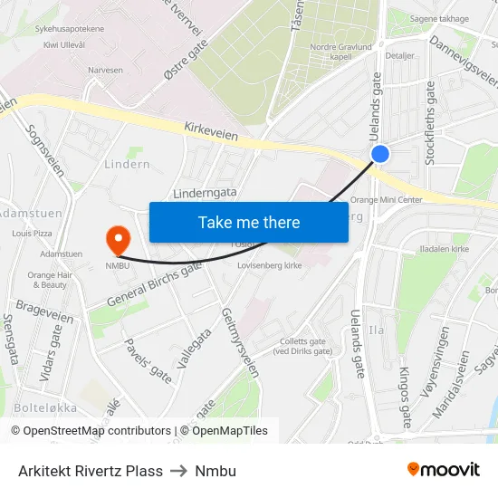 Arkitekt Rivertz Plass to Nmbu map