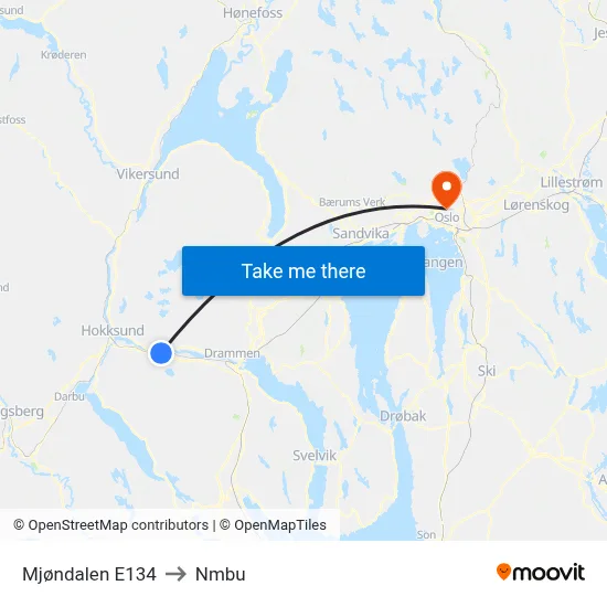Mjøndalen E134 to Nmbu map