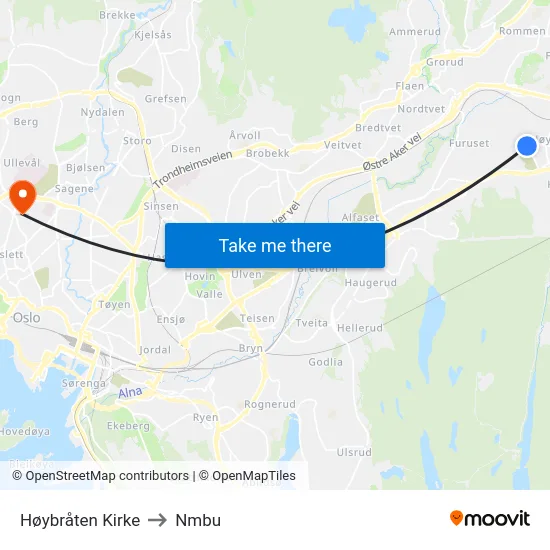 Høybråten Kirke to Nmbu map