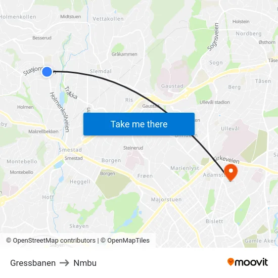 Gressbanen to Nmbu map