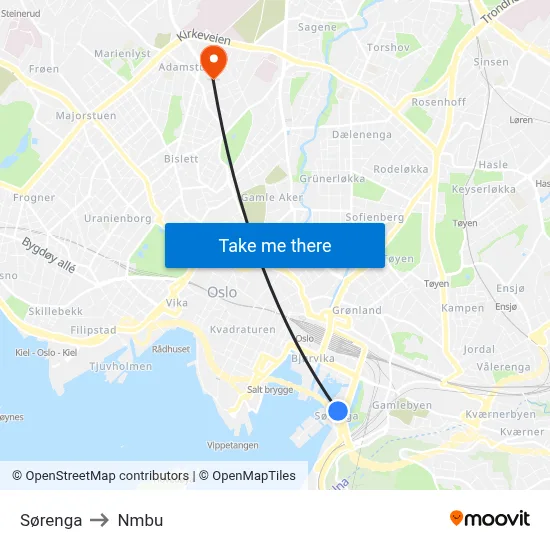 Sørenga to Nmbu map