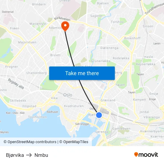 Bjørvika to Nmbu map