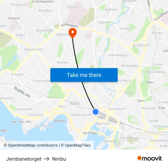Jernbanetorget to Nmbu map