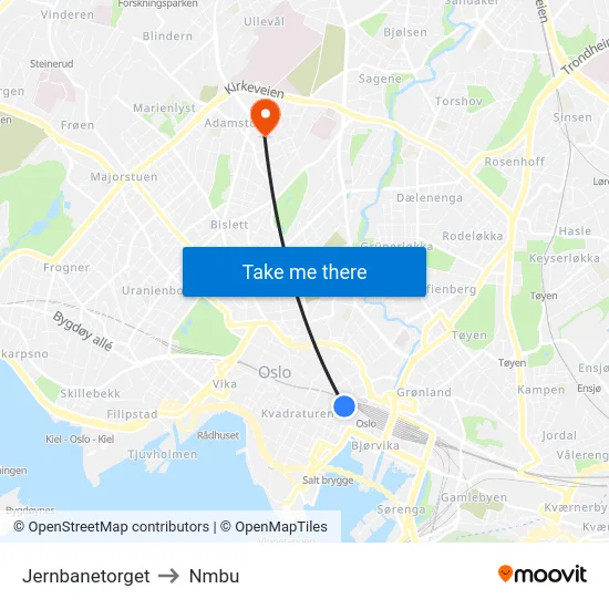 Jernbanetorget to Nmbu map