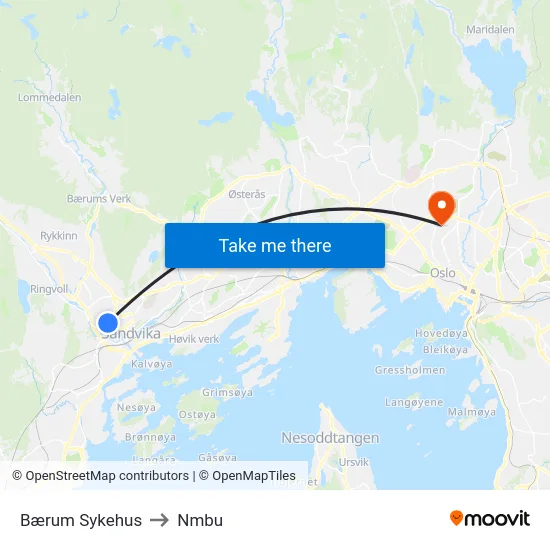 Bærum Sykehus to Nmbu map