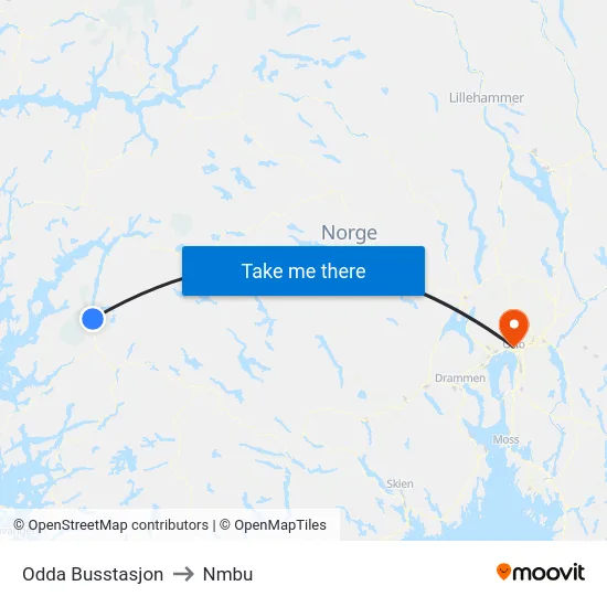 Odda Busstasjon to Nmbu map