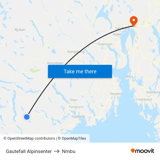 Gautefall Alpinsenter to Nmbu map