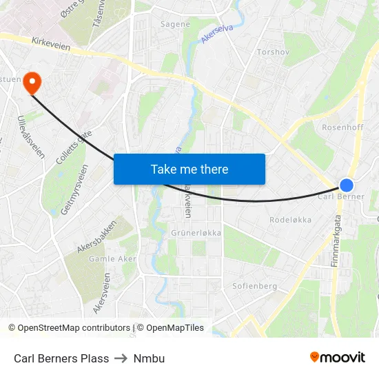 Carl Berners Plass to Nmbu map