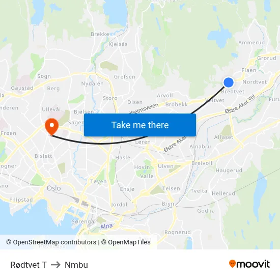 Rødtvet T to Nmbu map