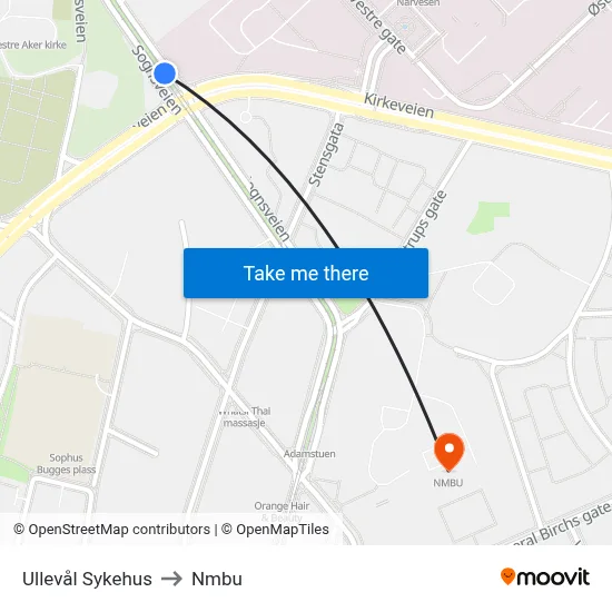 Ullevål Sykehus to Nmbu map