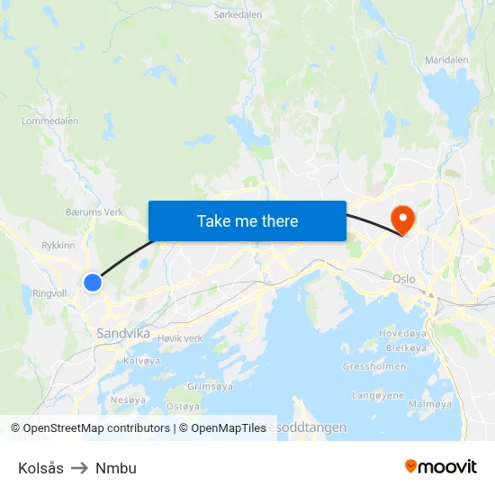 Kolsås to Nmbu map