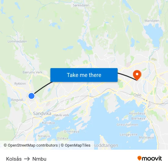 Kolsås to Nmbu map