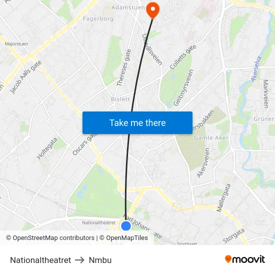 Nationaltheatret to Nmbu map