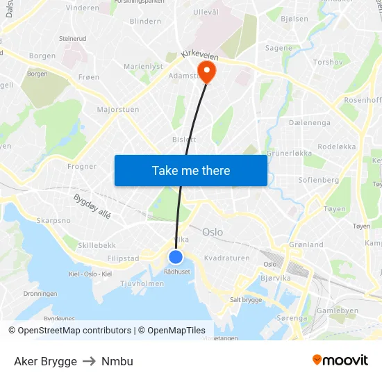 Aker Brygge to Nmbu map