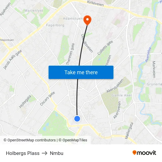 Holbergs Plass to Nmbu map