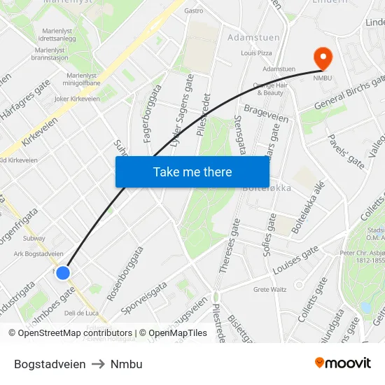 Bogstadveien to Nmbu map