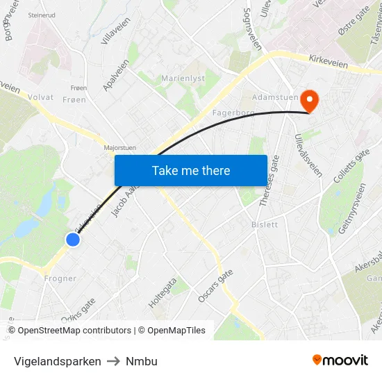 Vigelandsparken to Nmbu map