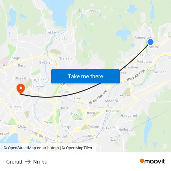 Grorud to Nmbu map