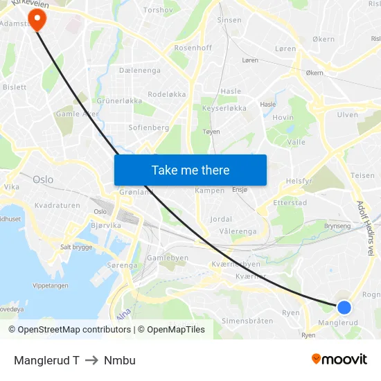 Manglerud T to Nmbu map