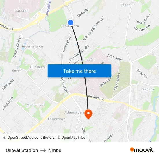 Ullevål Stadion to Nmbu map