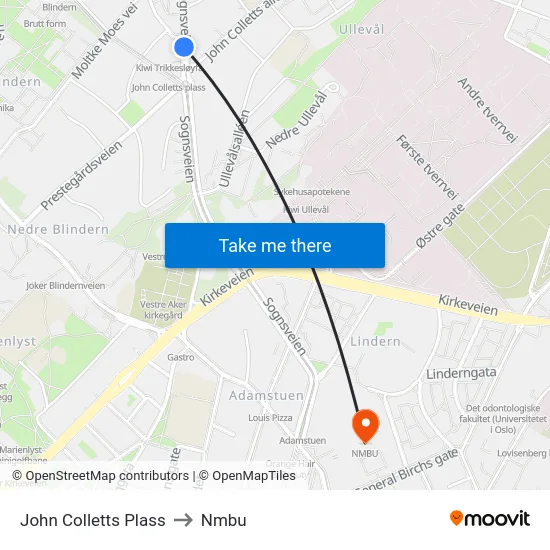 John Colletts Plass to Nmbu map