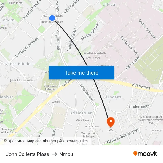 John Colletts Plass to Nmbu map