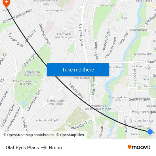 Olaf Ryes Plass to Nmbu map
