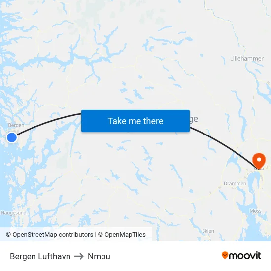 Bergen Lufthavn to Nmbu map