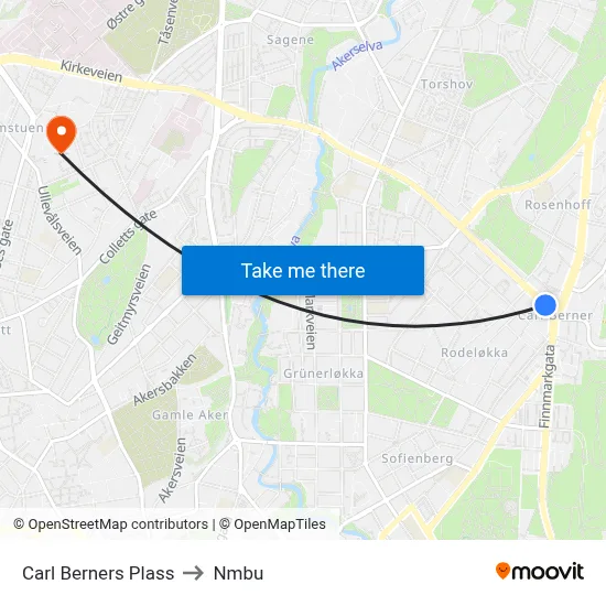 Carl Berners Plass to Nmbu map