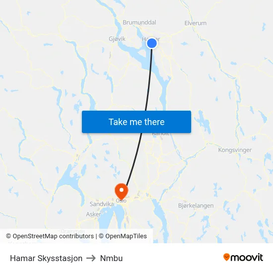 Hamar Skysstasjon to Nmbu map