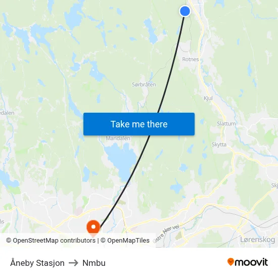 Åneby Stasjon to Nmbu map