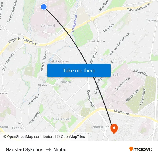 Gaustad Sykehus to Nmbu map