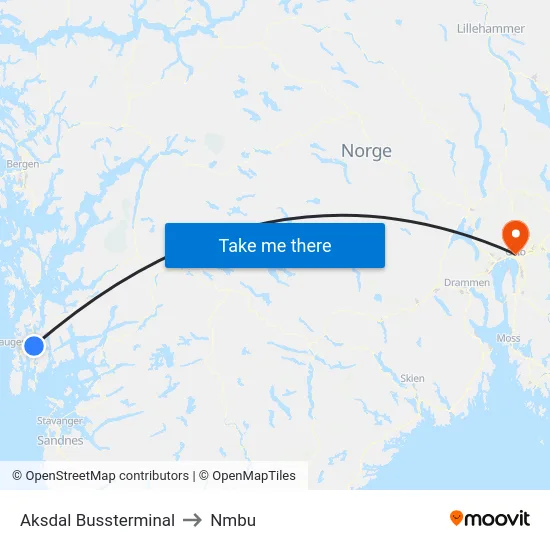 Aksdal Bussterminal to Nmbu map