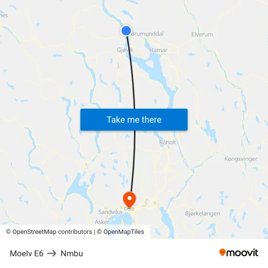 Moelv E6 to Nmbu map