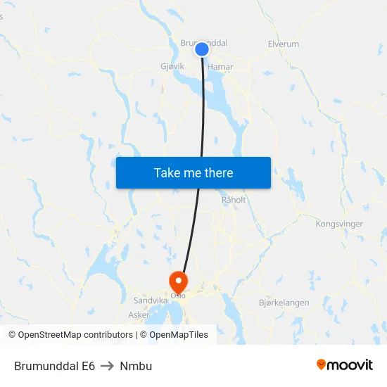Brumunddal E6 to Nmbu map