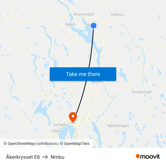 Åkerkrysset E6 to Nmbu map