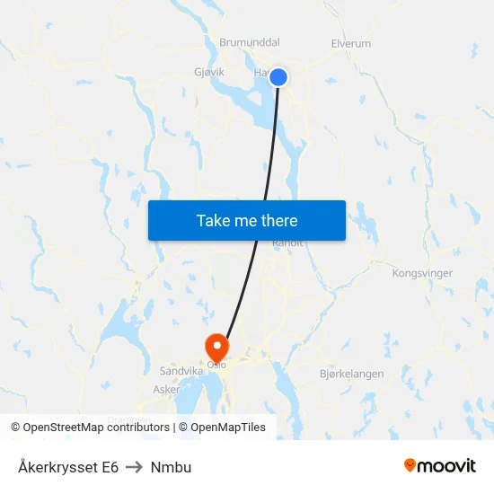 Åkerkrysset E6 to Nmbu map