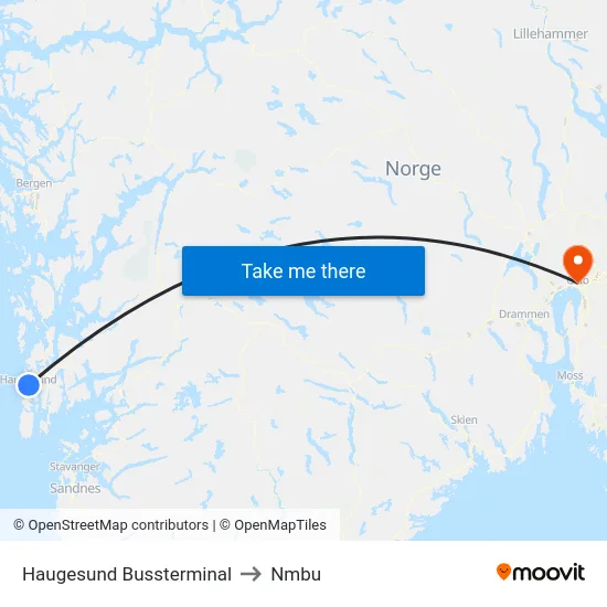 Haugesund Bussterminal to Nmbu map