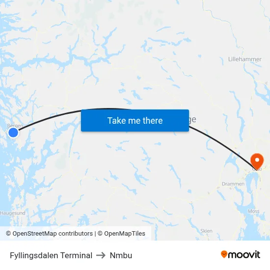 Fyllingsdalen Terminal to Nmbu map