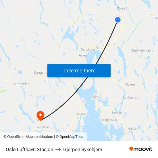 Oslo Lufthavn Stasjon to Gjerpen Sykehjem map