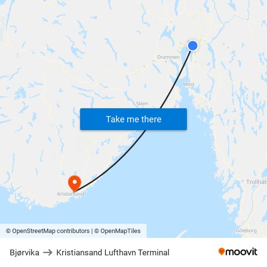 Bjørvika to Kristiansand Lufthavn Terminal map