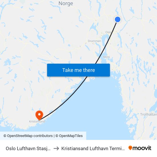 Oslo Lufthavn Stasjon to Kristiansand Lufthavn Terminal map