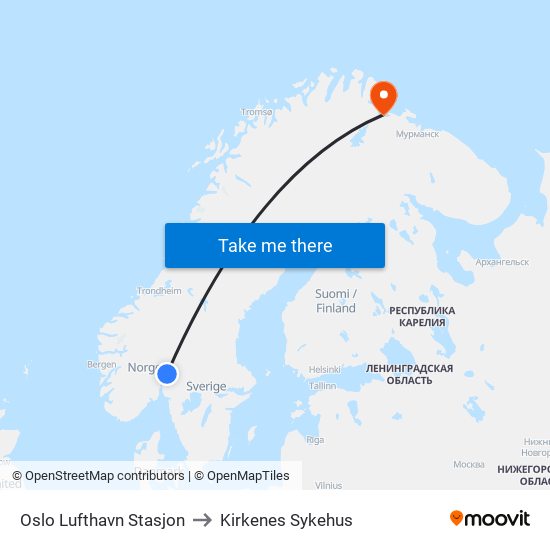 Oslo Lufthavn Stasjon to Kirkenes Sykehus map