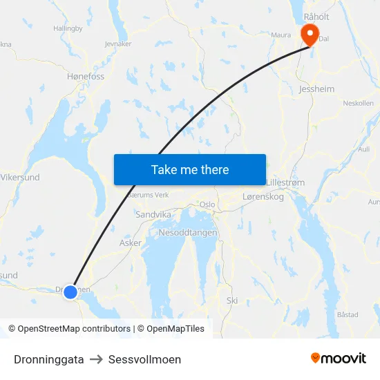 Dronninggata to Sessvollmoen map