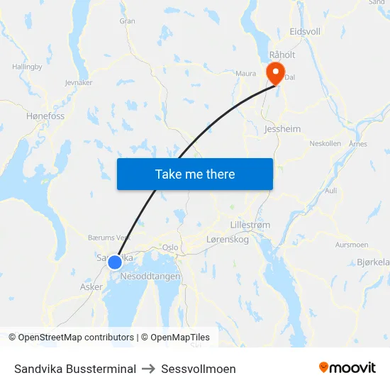 Sandvika Bussterminal to Sessvollmoen map