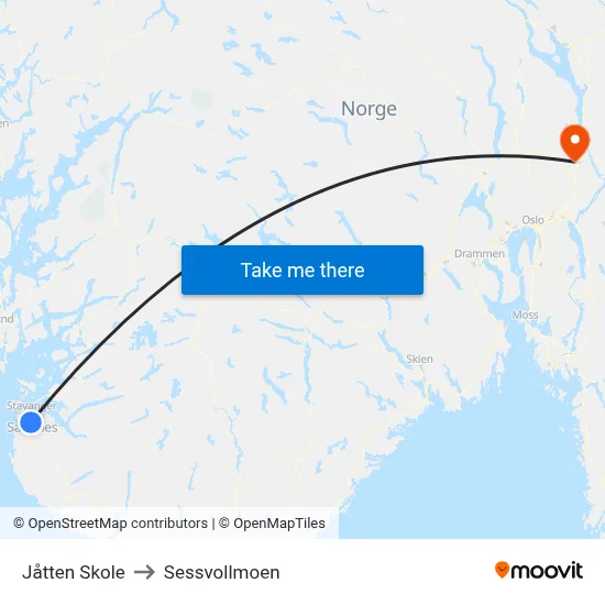 Jåtten Skole to Sessvollmoen map