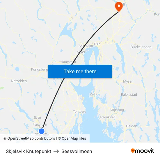 Skjelsvik Knutepunkt to Sessvollmoen map