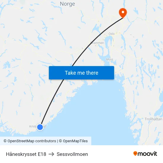 Håneskrysset E18 to Sessvollmoen map